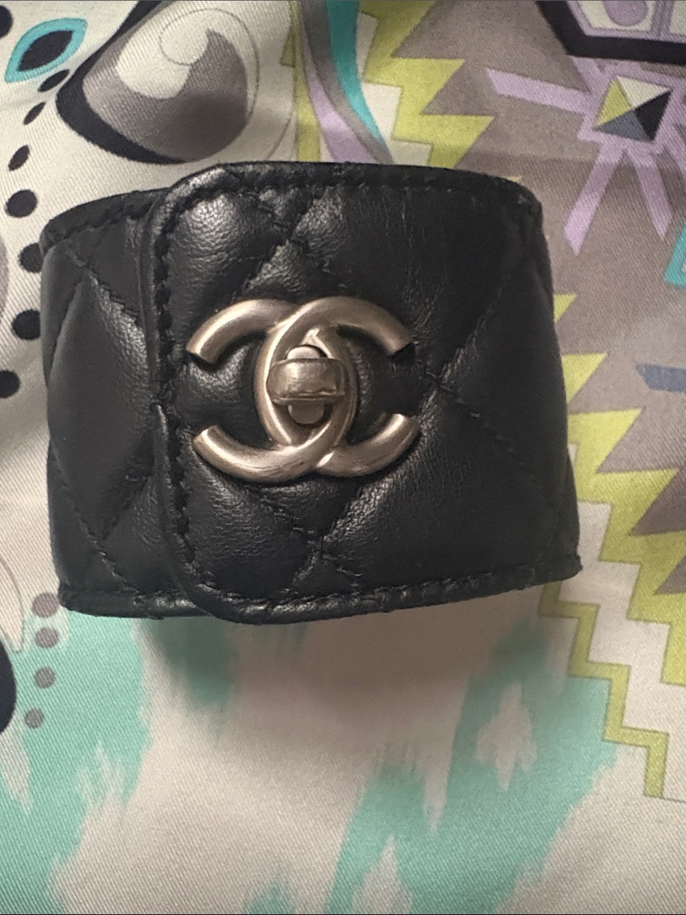 CHANEL CC Turnlock Quilted Leather Cuff Bracelet.